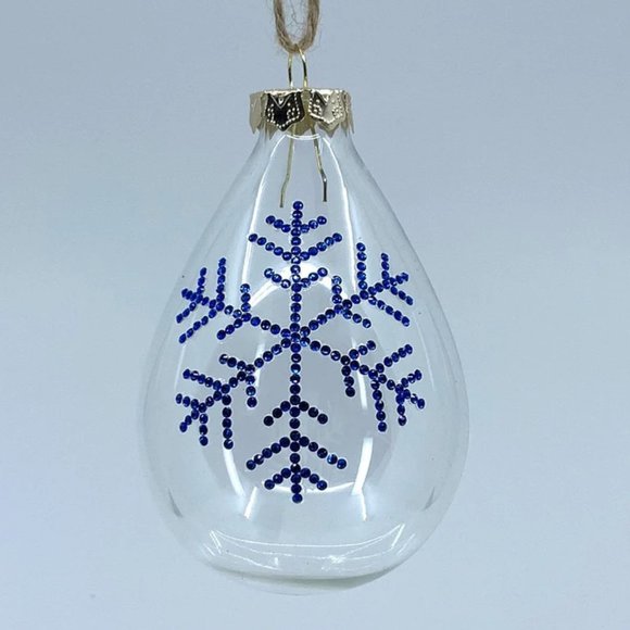 Teardrop glass Christmas ornament. Handmade blue rhinestone snowflake design. - Picture 1 of 1